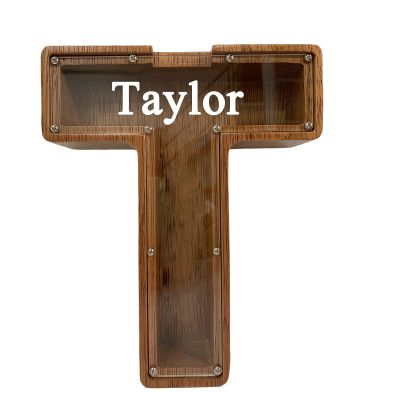 Personalized Large Wooden Kids Letter Piggy Bank Custom Name Coin Piggy Bank, (Laser Engraved Name) Wood Alphabet Letter Bank Money Box Birthday (T)