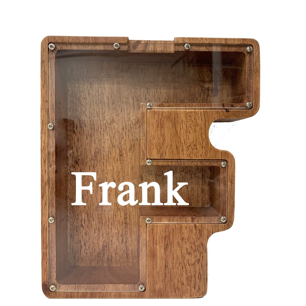 Personalized Large Wooden Kids Letter Piggy Bank Custom Name Coin Piggy Bank, (Laser Engraved Name) Wood Alphabet Letter Bank Money Box Birthday (F)
