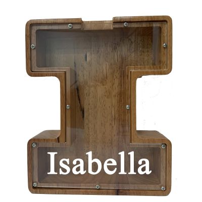 Personalized Large Wooden Kids Letter Piggy Bank Custom Name Coin Piggy Bank, (Laser Engraved Name) Wood Alphabet Letter Bank Money Box Birthday (I)