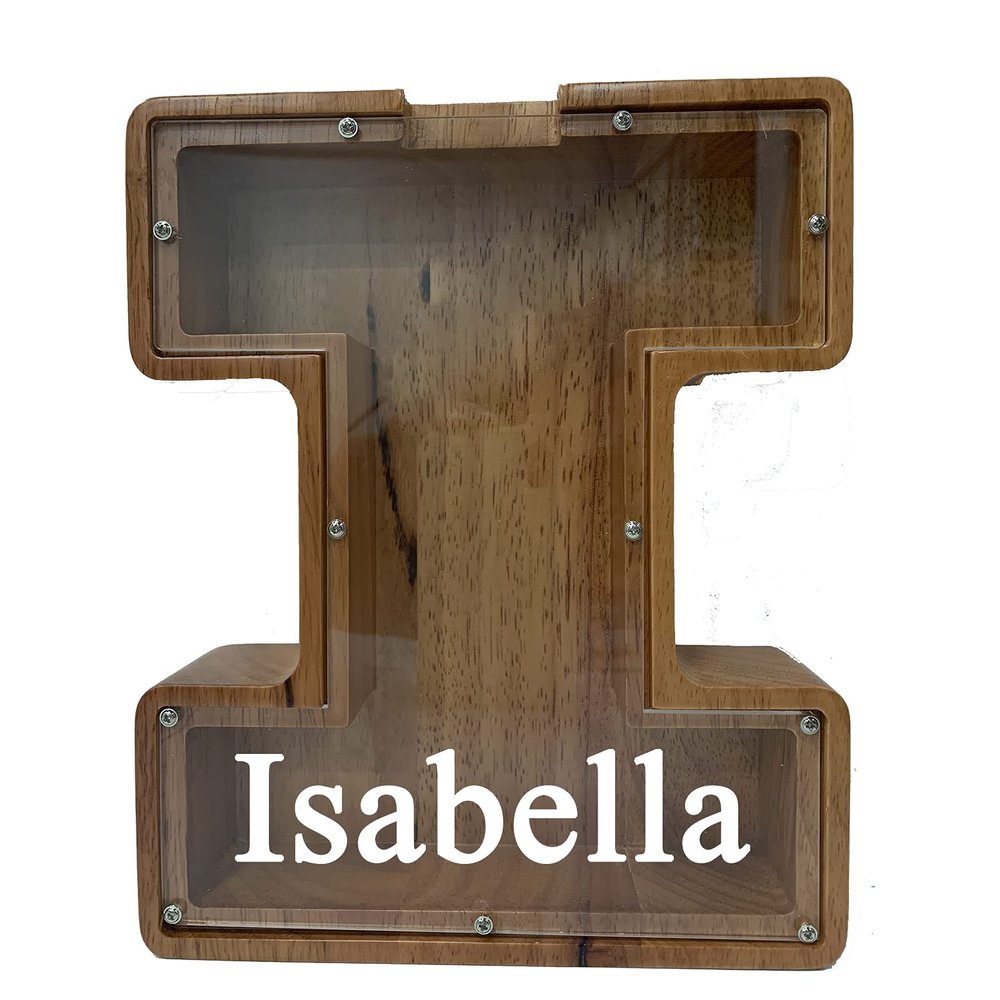 Personalized Large Wooden Kids Letter Piggy Bank Custom Name Coin Piggy Bank, (Laser Engraved Name) Wood Alphabet Letter Bank Money Box Birthday (I)