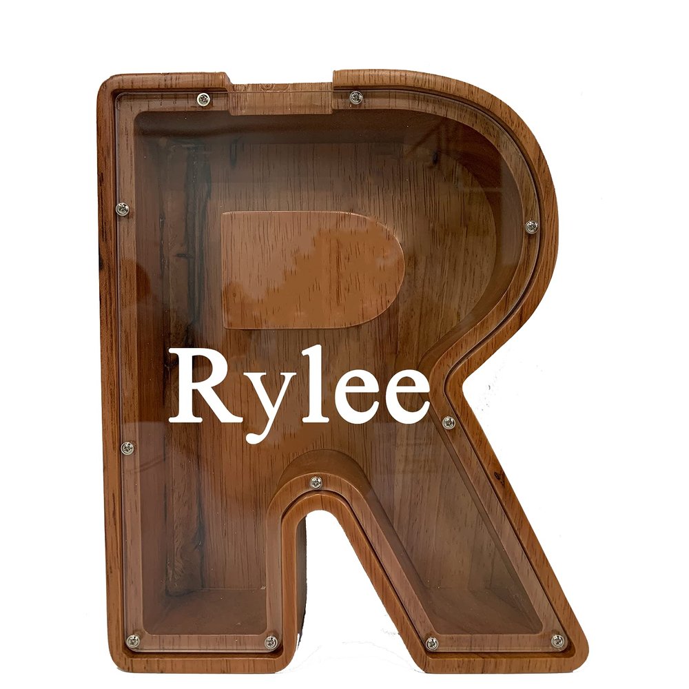 Personalized Large Wooden Kids Letter Piggy Bank Custom Name Coin Piggy Bank, (Laser Engraved Name) Wood Alphabet Letter Bank Money Box Birthday (R)