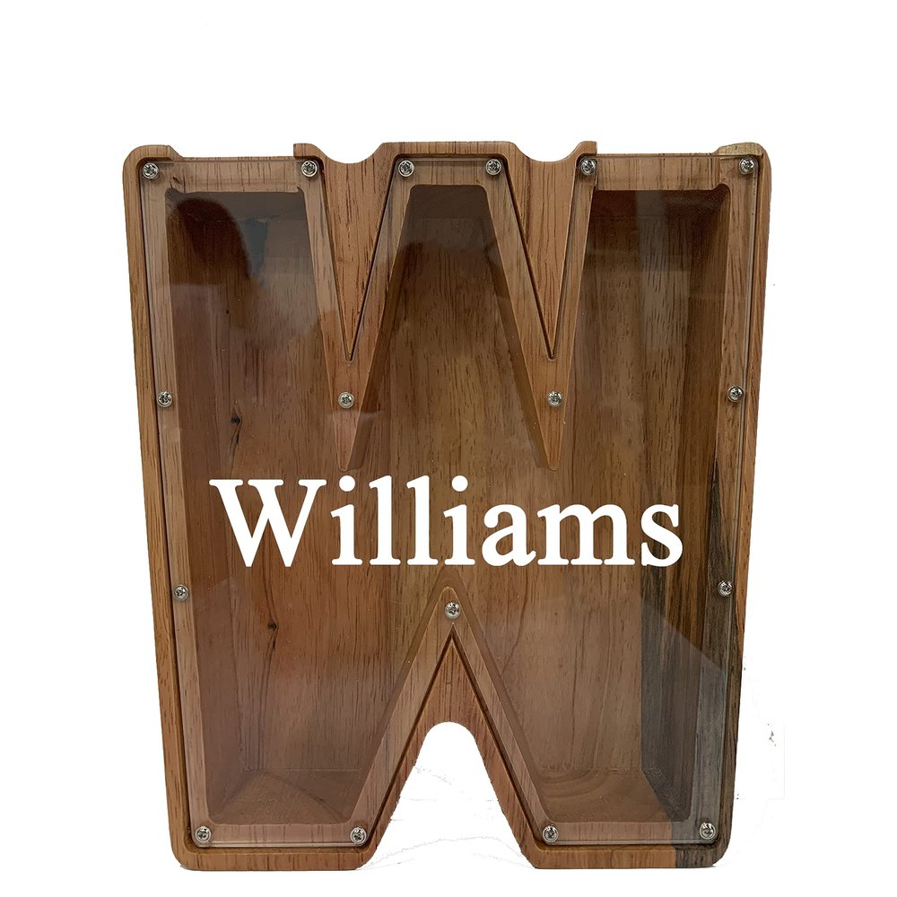 Personalized Large Wooden Kids Letter Piggy Bank Custom Name Coin Piggy Bank, (Laser Engraved Name) Wood Alphabet Letter Bank Money Box Birthday (W)