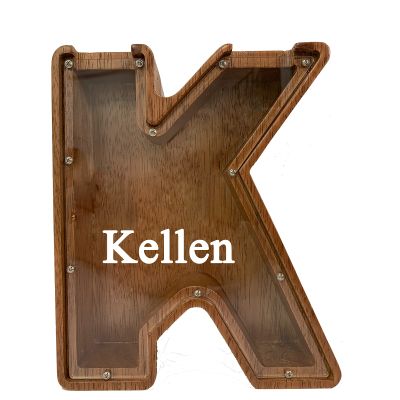 Personalized Large Wooden Kids Letter Piggy Bank Custom Name Coin Piggy Bank, (Laser Engraved Name) Wood Alphabet Letter Bank Money Box Birthday (K)