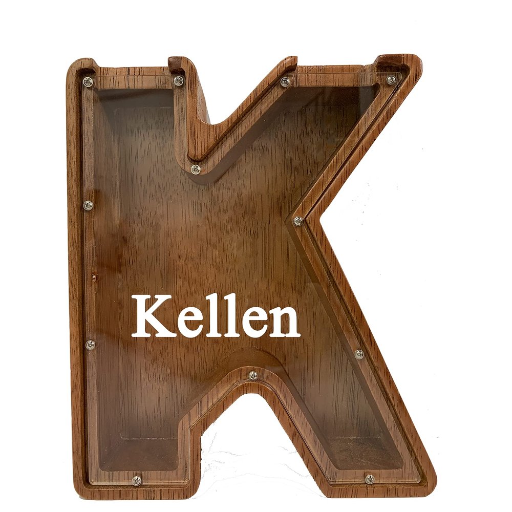 Personalized Large Wooden Kids Letter Piggy Bank Custom Name Coin Piggy Bank, (Laser Engraved Name) Wood Alphabet Letter Bank Money Box Birthday (K)
