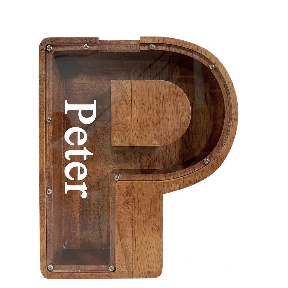 Personalized Large Wooden Kids Letter Piggy Bank Custom Name Coin Piggy Bank, (Laser Engraved Name) Wood Alphabet Letter Bank Money Box Birthday (P)