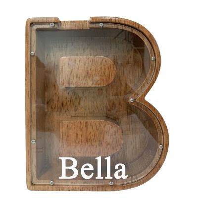 Personalized Large Wooden Kids Letter Piggy Bank Custom Name Coin Piggy Bank, (Laser Engraved Name) Wood Alphabet Letter Bank Money Box Birthday (B)