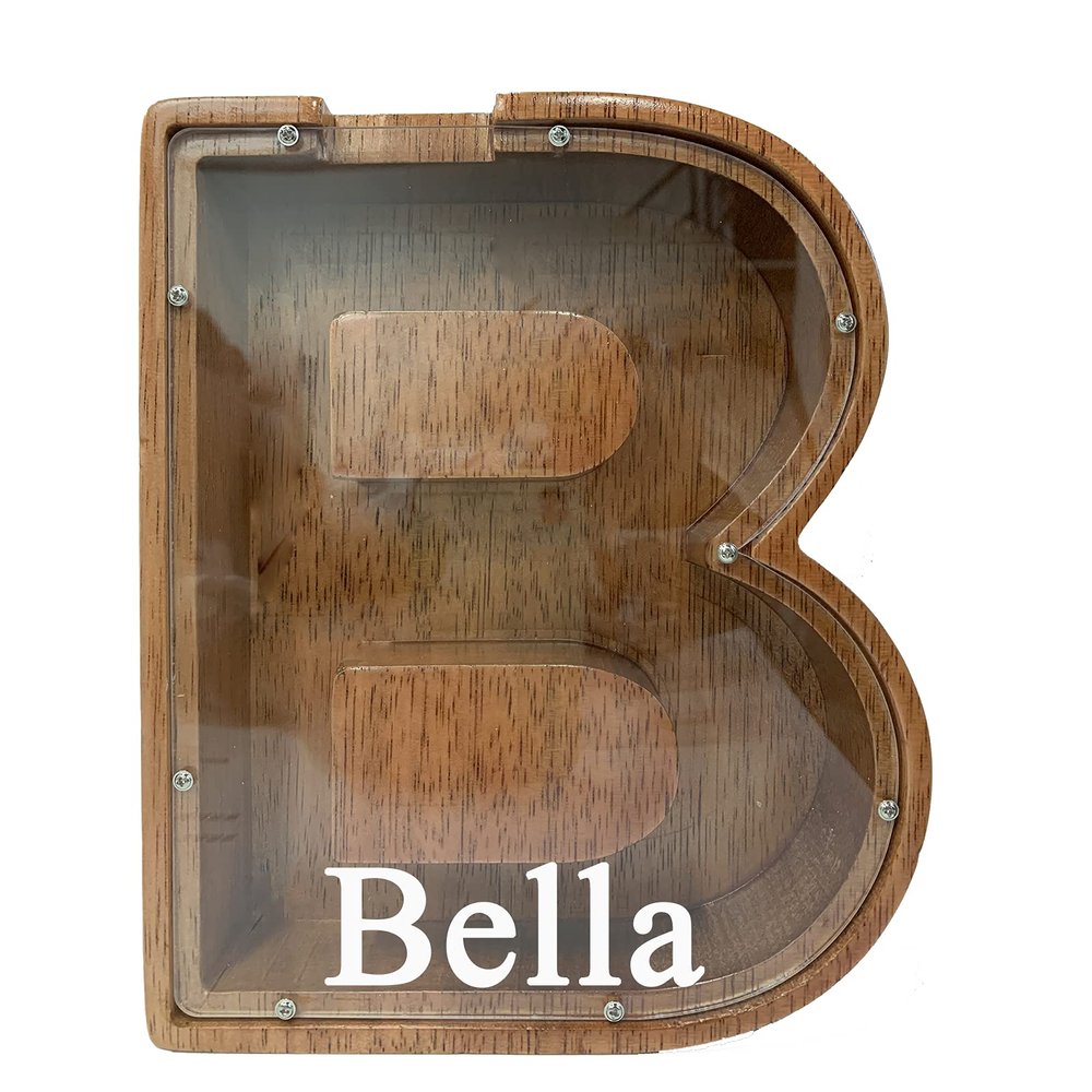 Personalized Large Wooden Kids Letter Piggy Bank Custom Name Coin Piggy Bank, (Laser Engraved Name) Wood Alphabet Letter Bank Money Box Birthday (B)