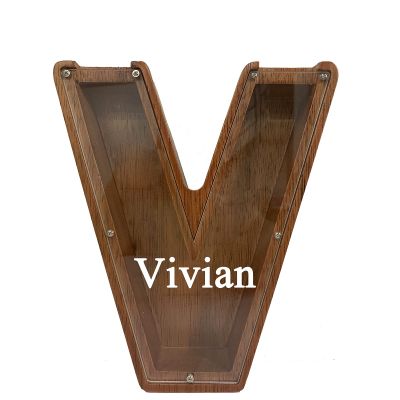Personalized Large Wooden Kids Letter Piggy Bank Custom Name Coin Piggy Bank, (Laser Engraved Name) Wood Alphabet Letter Bank Money Box Birthday (V)