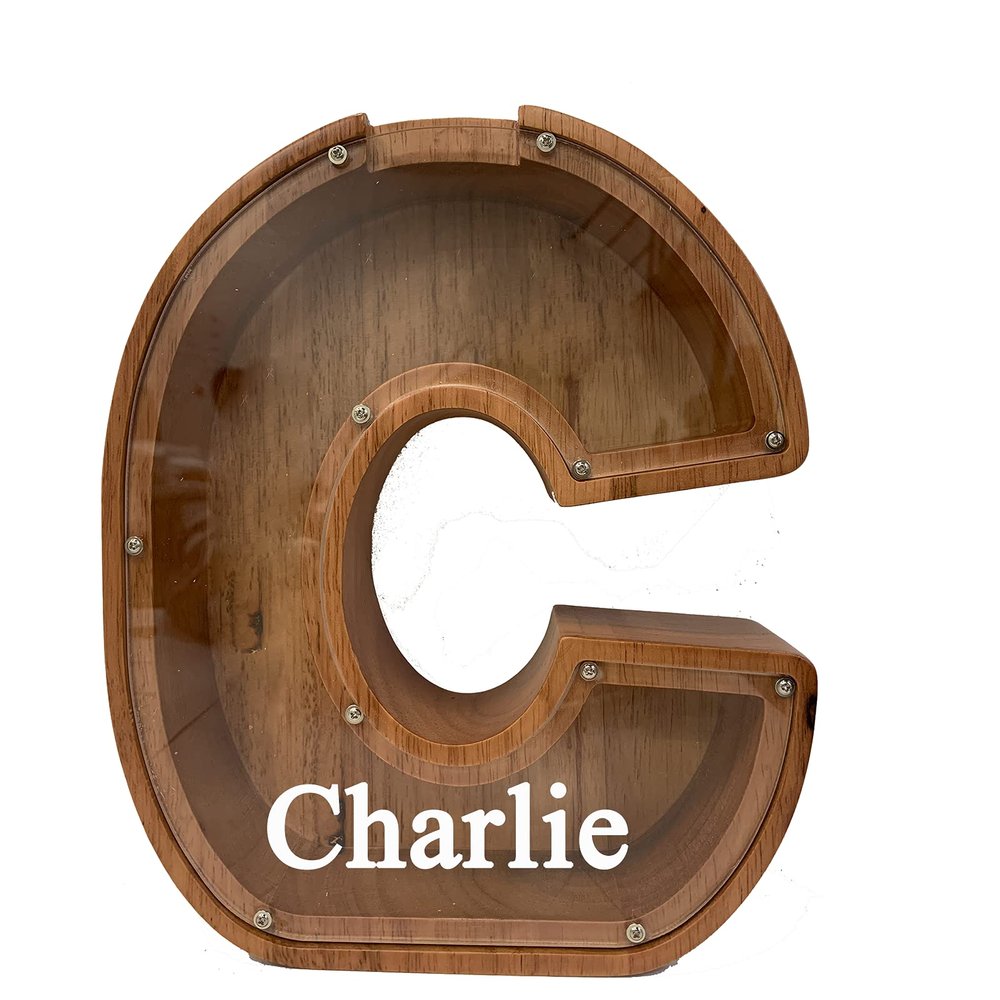 Personalized Large Wooden Kids Letter Piggy Bank Custom Name Coin Piggy Bank, (Laser Engraved Name) Wood Alphabet Letter Bank Money Box Birthday (C)