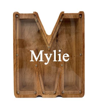 Personalized Large Wooden Kids Letter Piggy Bank Custom Name Coin Piggy Bank, (Laser Engraved Name) Wood Alphabet Letter Bank Money Box Birthday (M)