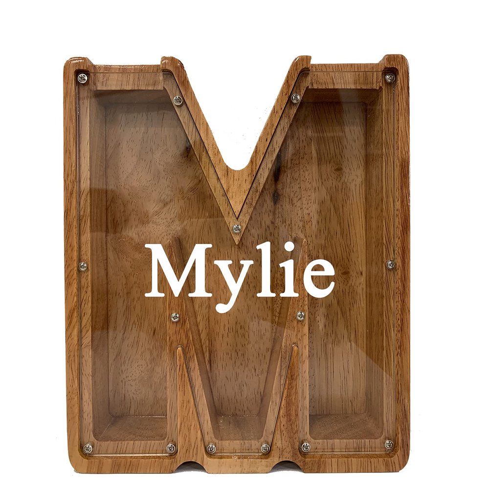 Personalized Large Wooden Kids Letter Piggy Bank Custom Name Coin Piggy Bank, (Laser Engraved Name) Wood Alphabet Letter Bank Money Box Birthday (M)