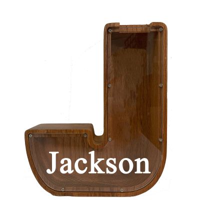 Personalized Large Wooden Kids Letter Piggy Bank Custom Name Coin Piggy Bank, (Laser Engraved Name) Wood Alphabet Letter Bank Money Box Birthday (J)