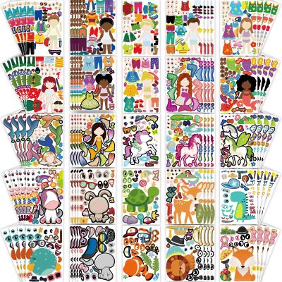 100 Sheets Make Your Own Stickers for Kids with 25 Designs, Make-a-Face Stickers Animal Mermaid Girl and Boy Face Sticker Sheets, DIY Party Favor for Festival Art Craft School Family Reward