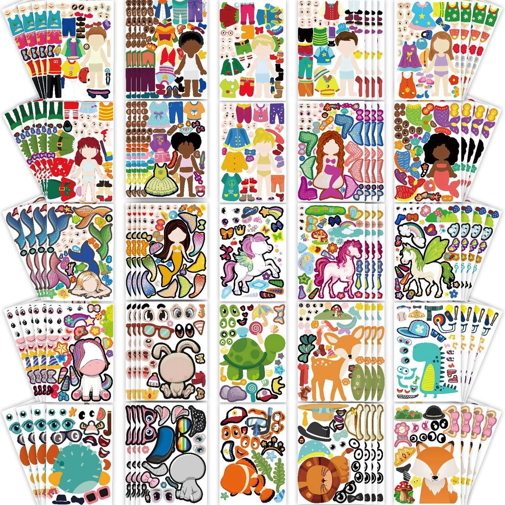 100 Sheets Make Your Own Stickers for Kids with 25 Designs, Make-a-Face Stickers Animal Mermaid Girl and Boy Face Sticker Sheets, DIY Party Favor for Festival Art Craft School Family Reward