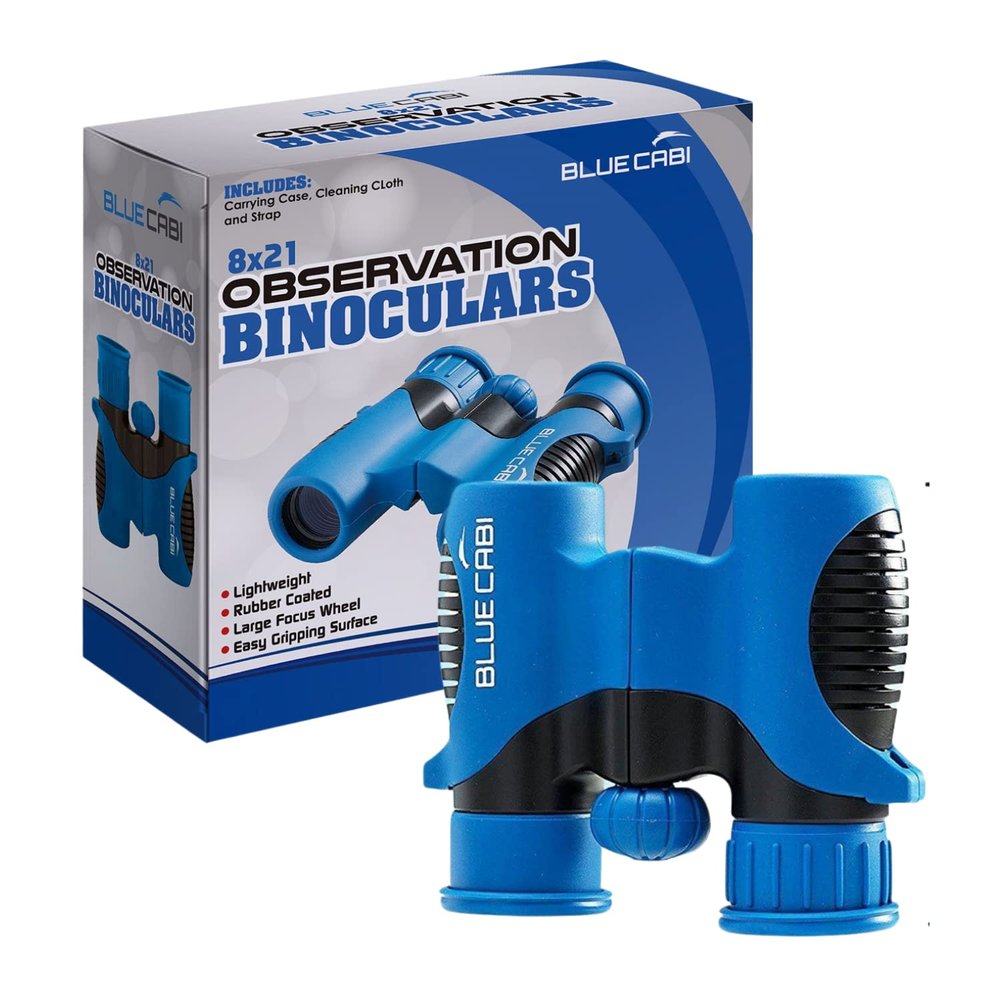 BlueCabi 8x21 Kids Binoculars  Compact, Durable and Lightweight with Magnification up to 8X  with Rubber Coating and Anti-Slip Texture  Includes Neck Strap, Wipe Cloth & Carry Case  Blue/Black