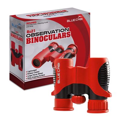 BlueCabi 8x21 Kids Binoculars  Compact, Durable and Lightweight with Magnification up to 8X  with Rubber Coating and Anti-Slip Texture  Includes Neck Strap, Wipe Cloth & Carry Case  Red/Black