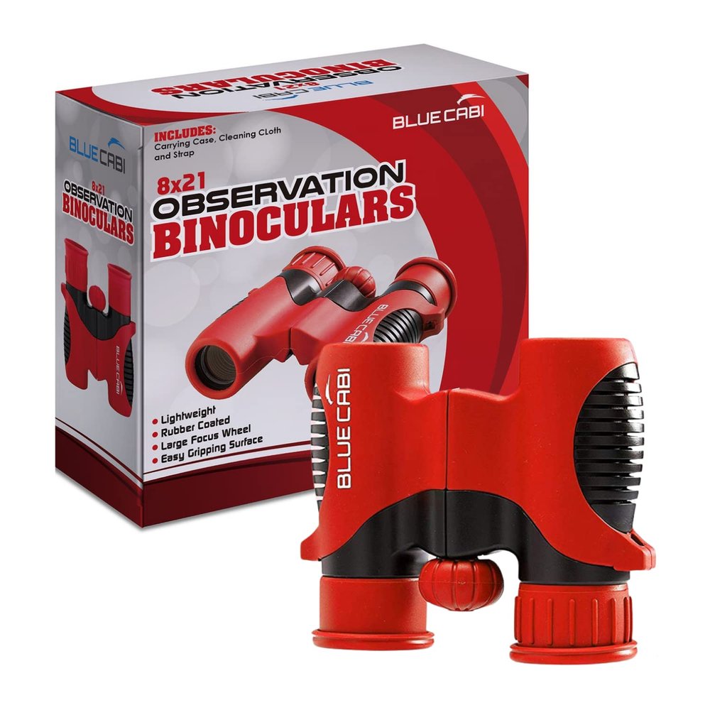 BlueCabi 8x21 Kids Binoculars  Compact, Durable and Lightweight with Magnification up to 8X  with Rubber Coating and Anti-Slip Texture  Includes Neck Strap, Wipe Cloth & Carry Case  Red/Black