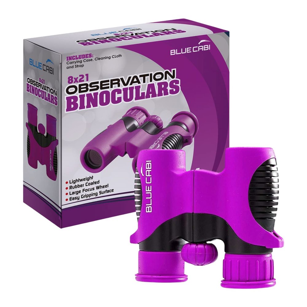 BlueCabi 8x21 Kids Binoculars  Compact, Durable and Lightweight with Magnification up to 8X  with Rubber Coating and Anti-Slip Texture  Includes Neck Strap, Wipe Cloth & Carry Case  Purple/Black