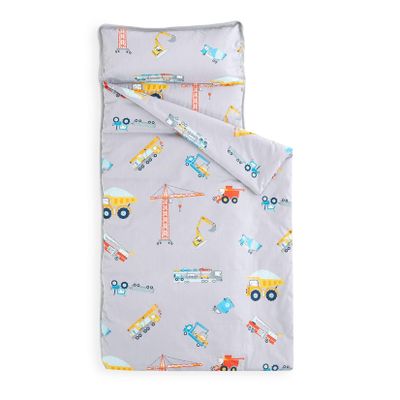 Wake In Cloud - Toddler Nap Mat with Pillow and Blanket, 100% Cotton Fabric, for Kids Boys Ages 3 Plus in Daycare Kindergarten Preschool, Cars Cranes Trucks, Gray, Standard