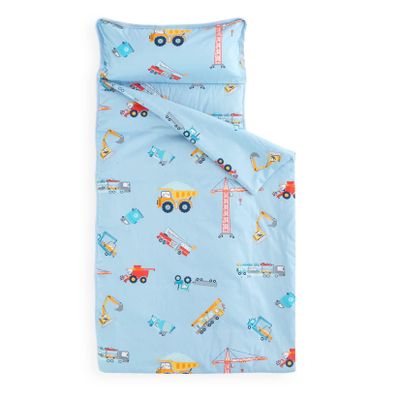 Wake In Cloud - Toddler Nap Mat with Pillow and Blanket, 100% Cotton Fabric, for Kids Boys Ages 3 Plus in Daycare Kindergarten Preschool, Cars Cranes Trucks, Blue, Standard