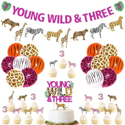 Young Wild and Three Decorations Girl Safari - Jungle Theme 3rd Birthday Decorations, Include Young Wild and Three Banner Animal Garland Jungle Animals Cake Toppers Pink Cheetah Balloons
