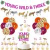 Young Wild and Three Decorations Girl Safari - Jungle Theme 3rd Birthday Decorations, Include Young Wild and Three Banner Animal Garland Jungle Animals Cake Toppers Pink Cheetah Balloons view 1