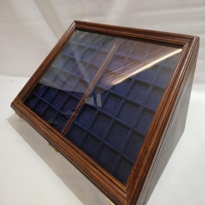 Wooden and Glass Display Case with Two Italian Velvet Trays Coin Display Stand