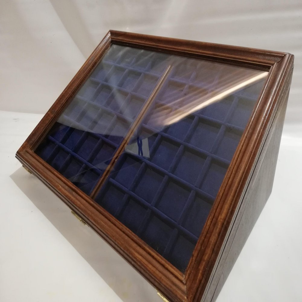 Wooden and Glass Display Case with Two Italian Velvet Trays Coin Display Stand