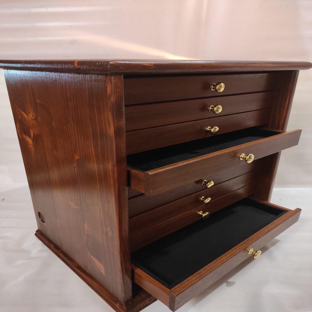 Antique Walnut Wood Furniture Drawers for Brooches, Jewellery Badges and Other Interior in Italian Velvet Customisable