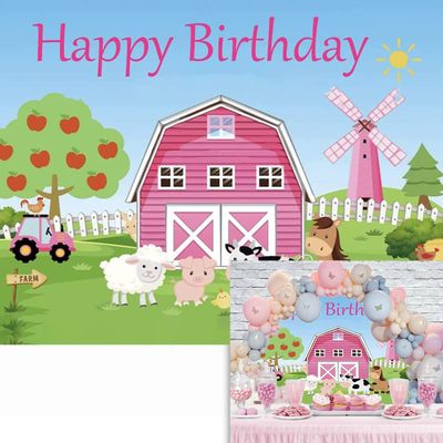 10x8FT Cartoon Farm Animals Party Backdrop Pink Barn Theme for Girl Princess Birthday Party Supplies Farm Animals Scenic Background Cow Chicken Sheep Grass Windmill Rustic Scenic Banner