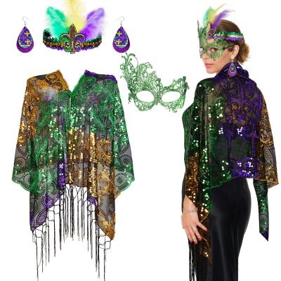 Geyoga 4 Pack Mardi Gras Costume Accessories Set Including Tassel Shawl Scarf, Masquerade Mask, Feather Glitter Headband, Dangle Earrings for Carnival Celebration Parade Dress Party