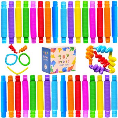 32Pack Pop Tubes, Fidget Tubes for Children and Adult Sensory Fidget Toy Set for Stress and Anxiety Relief Educational Learning Toys for Kids