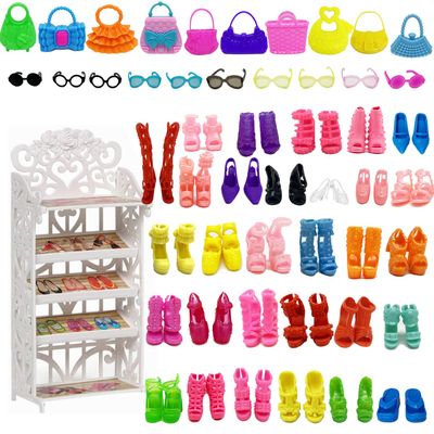 51PCS Doll Accessories + 1 Shoe Rack 30 Pairs Doll Shoes 10 Handbags 10 Glasses Replacement Fashion Playset Accessories Different Assorted Colors High Heel Boots for 11.5 Inch Girl Doll