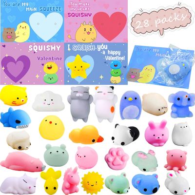 CAMIRUS 28 Pcs Valentines Day Cards with Mochi Squishies Toys, Mini Kawaii Animal Squishies Toys for Valentine's Day Gift Exchange, Kids Party Favors & Classroom Activities