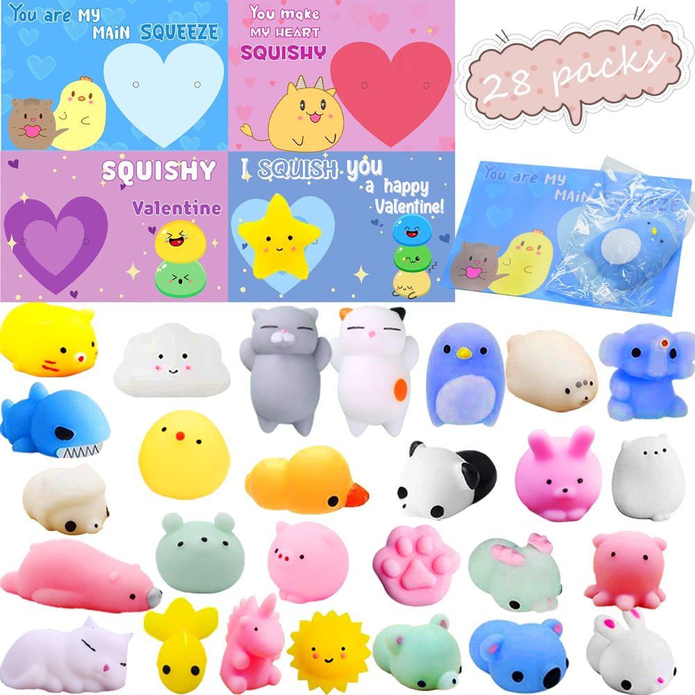 CAMIRUS 28 Pcs Valentines Day Cards with Mochi Squishies Toys, Mini Kawaii Animal Squishies Toys for Valentine's Day Gift Exchange, Kids Party Favors & Classroom Activities