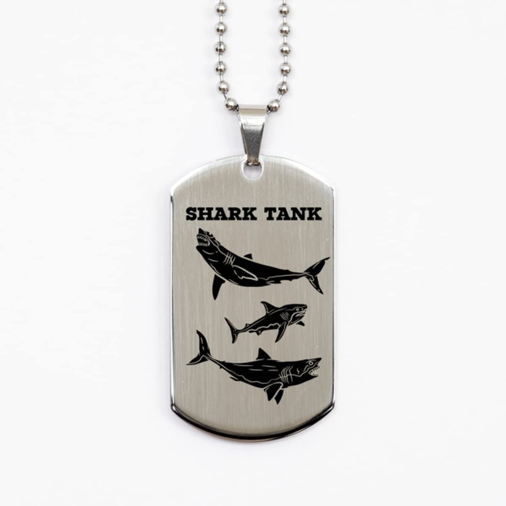 Halloween Shark Tank Necklace. for him. Party Costume Accessories, Bling Silver Dog Tag, Ocean Party, Pool Party, Reunion, Shark Theme, Kids Party.