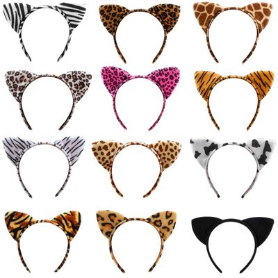Haconba Animal Ear Headbands, 12 Pack - Cat, Tiger, Leopard, Cheetah, Giraffe, Zebra Ear Headband Hair Hoop Head Accessory for Halloween, Cosplay, Woodland, Jungle Animal Theme Party Favor