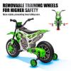 JOYLDIAS Kids Motorcycle Dirt Bike, 12V7AH Battery-Powered Ride On Motorcycle for Kids, Off-Road Street Bike w/Training Wheels, Music, Spring Suspension, High/Low Speeds, Green view 4