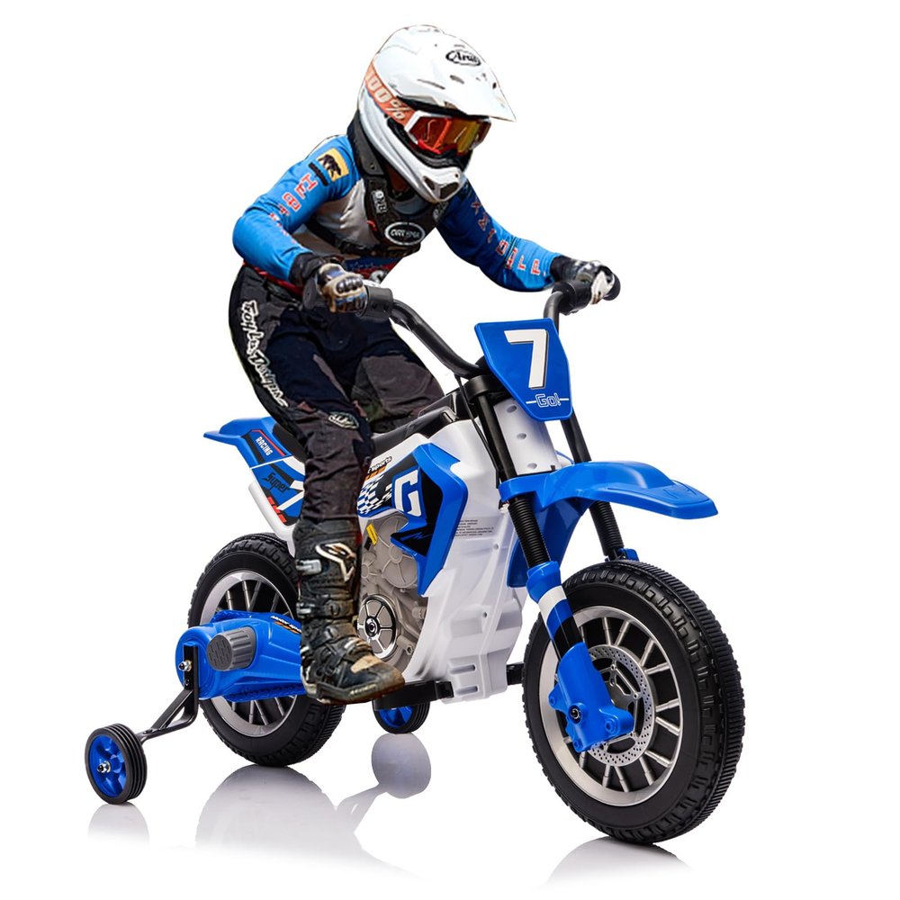JOYLDIAS Kids Motorcycle, 12V7AH Ride On Motorcycle for Kids w/Training Wheels, Music, Spring Suspension, High/Low Speeds, Blue