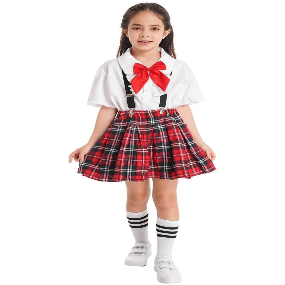 Aislor Girls' Kids Japanese Anime School Uniform British Style Costume Coat with Shirt Tie Mini Plaid Skirt Set White Bowknot 14 Years