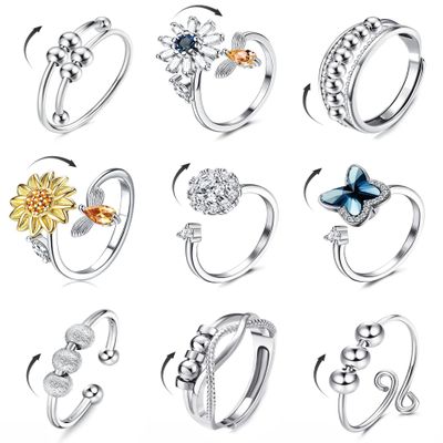 sailimue Anxiety Ring Fidget Ring for Women Men Spinner Fidget Rings for Anti Anxiety Adjustable Open CZ Flower Bead Stress Relieving Spinning Rotatable Rings 9 Pcs