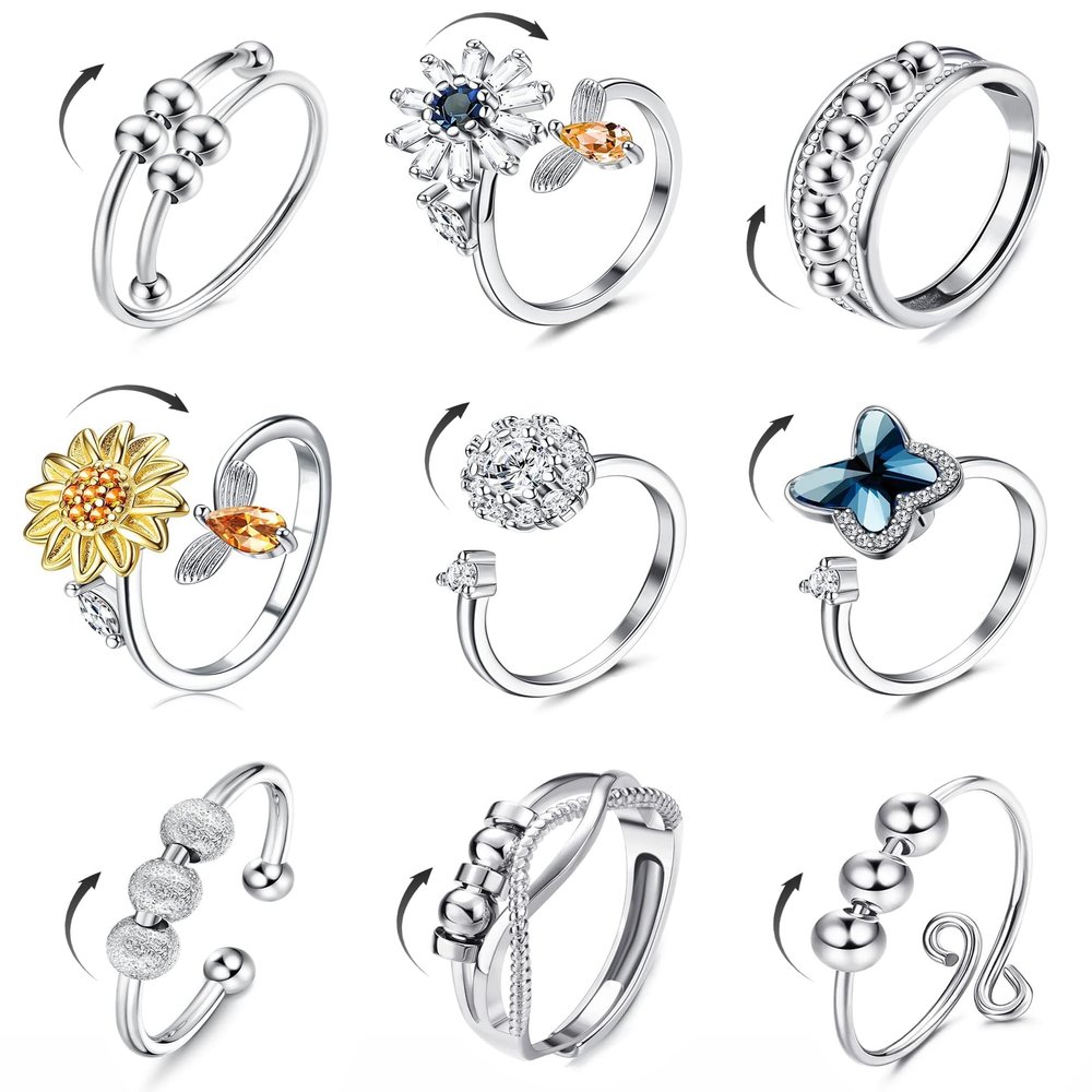 sailimue Anxiety Ring Fidget Ring for Women Men Spinner Fidget Rings for Anti Anxiety Adjustable Open CZ Flower Bead Stress Relieving Spinning Rotatable Rings 9 Pcs