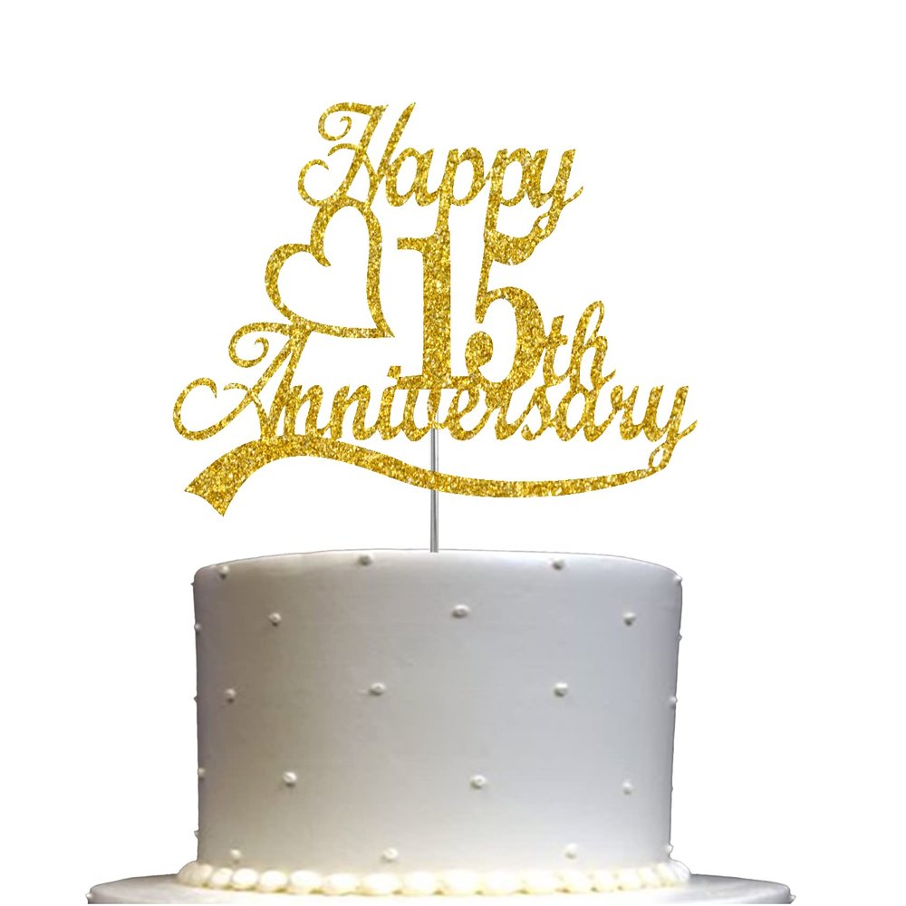 15th Anniversary Cake Topper Gold Glitter, 15 Wedding Anniversary Party Decoration Ideas, Premium Quality, Sturdy Doubled Sided Glitter, Acrylic Stick. Made in USA (15th Gold)