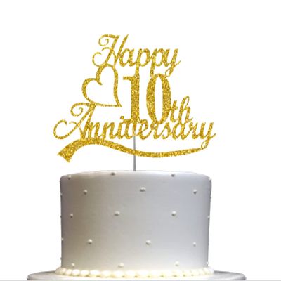10th Anniversary Cake Topper Gold Glitter, 10 Wedding Anniversary Party Decoration Ideas, Premium Quality, Sturdy Doubled Sided Glitter, Acrylic Stick. Made in USA (10th Gold)