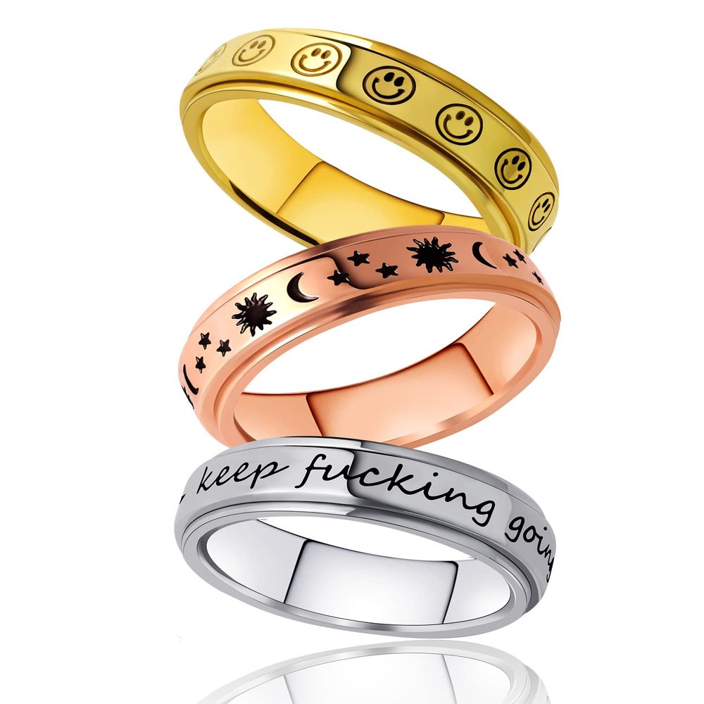 Fidget Anxiety Ring for Women | 3pcs Stainless Steel Spinner Rings Set Spinning Spinny Spin Band Stress Relief Item Ladies Keep Going Moon Stars Anti-Anxiety Jewelry Rose Gold Plated Silver Size 11