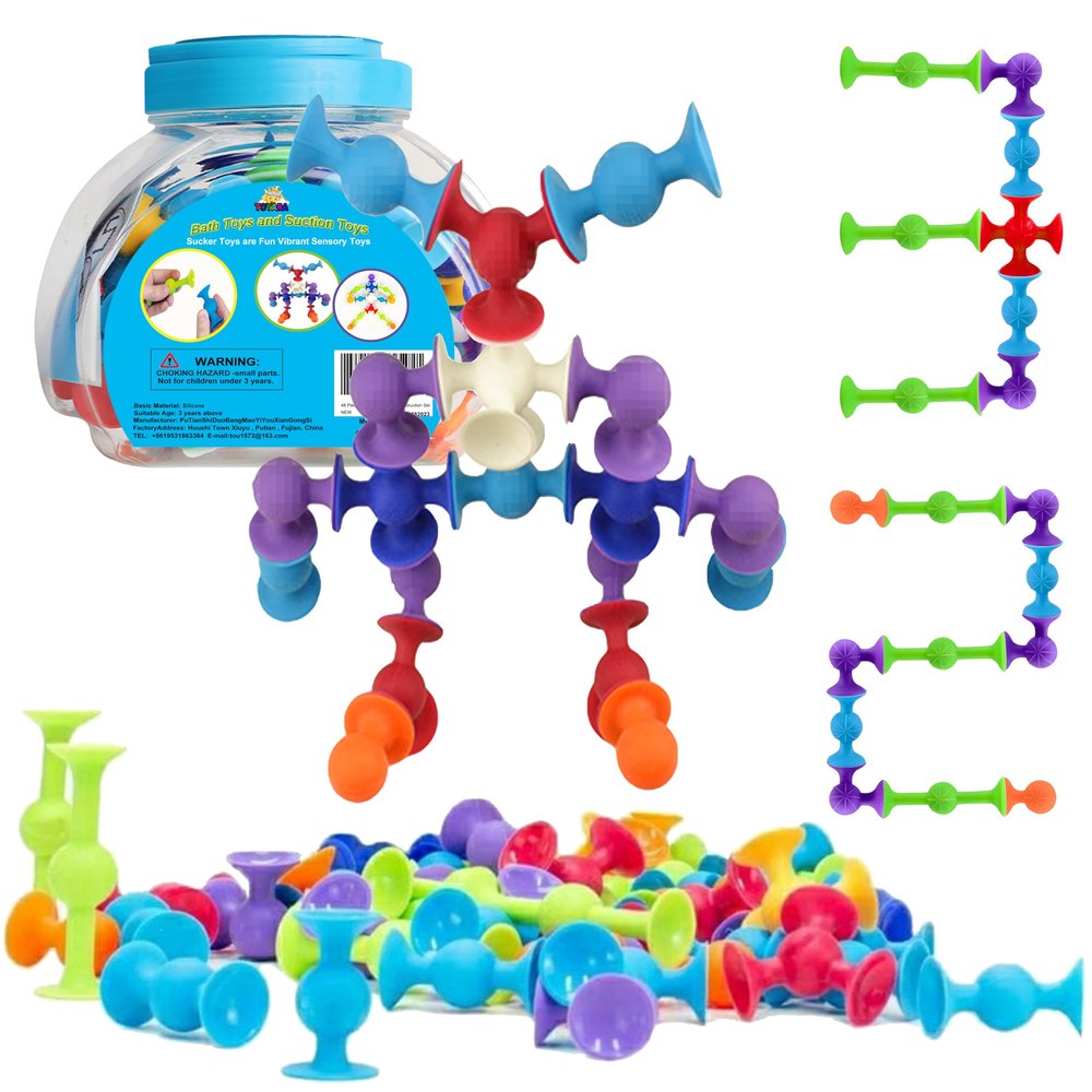 TOYARA 48 Piece Suction Cup Toys Construction Set, Silicone Building Blocks DIY Blocks - Sucker Toy are Fun Bath Toys, Fidget Toys for Toddlers 3-5 Old Boys and Girls