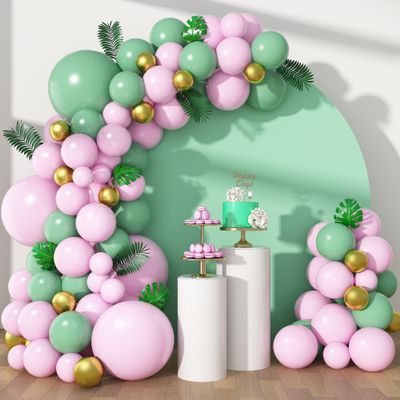 137 Pieces Balloon Arch Kit, Pink Sage Green Macaron Pink Retro Bean Green Balloon Garland Kit with Metallic Gold Olive Green Latex Balloons Set for Baby Shower Wedding Engagement Party Decorations