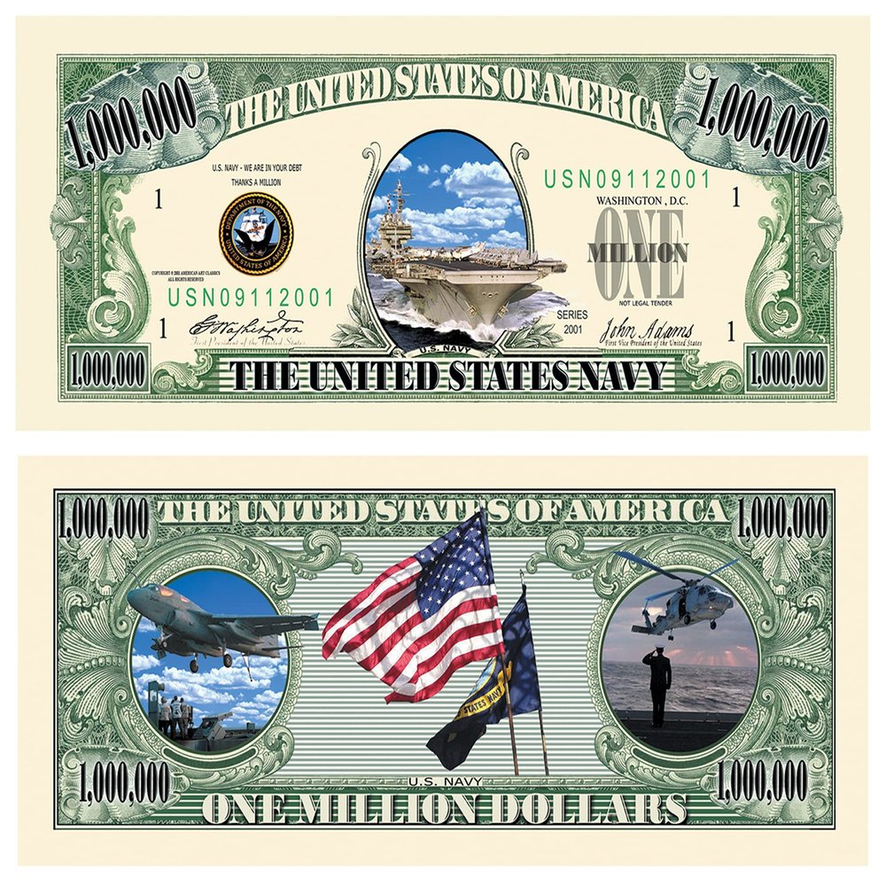 American Art Classics Pack of 25 - US Navy Commemorative Million Dollar Bill - Great Gift for Naval Personnel
