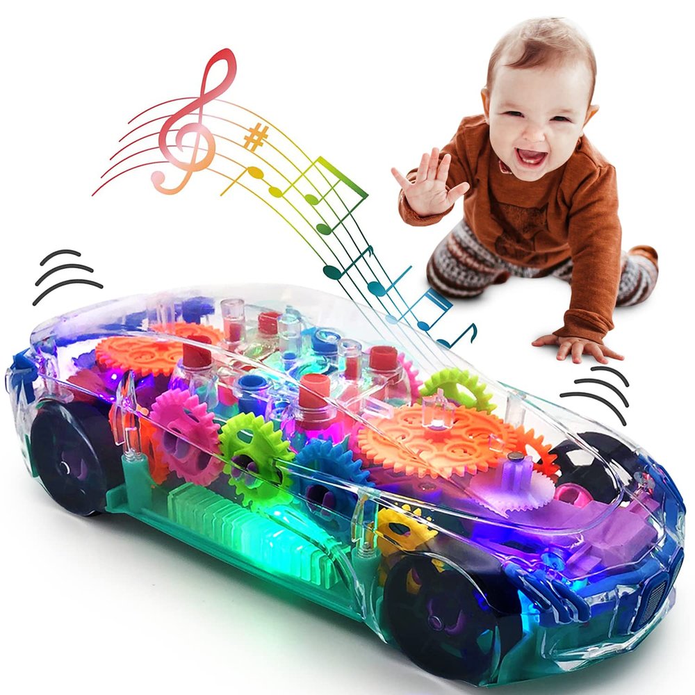 TOOTY TOY Transparent Sensory Gear Toy Car for Kids, Bump & Go Toy Car with Colorful Moving Gears, Music & LED Lights, Interactive Light Up Toys for Toddlers, Boys & Girls, Great Birthday Gift