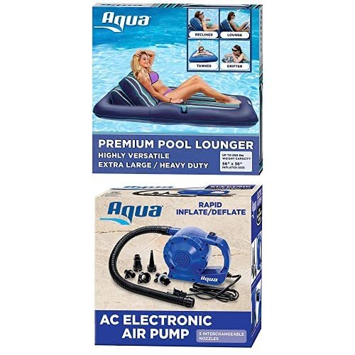 Aqua Premium Convertible Ultimate Pool Lounger, Inflatable Pool Float, Heavy Duty, X-Large, 74 90, Navy/Green/White Stripe with Aqua Heavy Duty 110V AC Electric Air Pump, 3 Nozzle Attachments